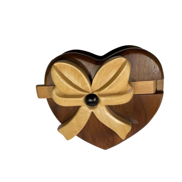 Handcrafted Wooden Heart Shaped Puzzle Ring Box Flower Jewelry & Keepsakes - Picture 5 of 10